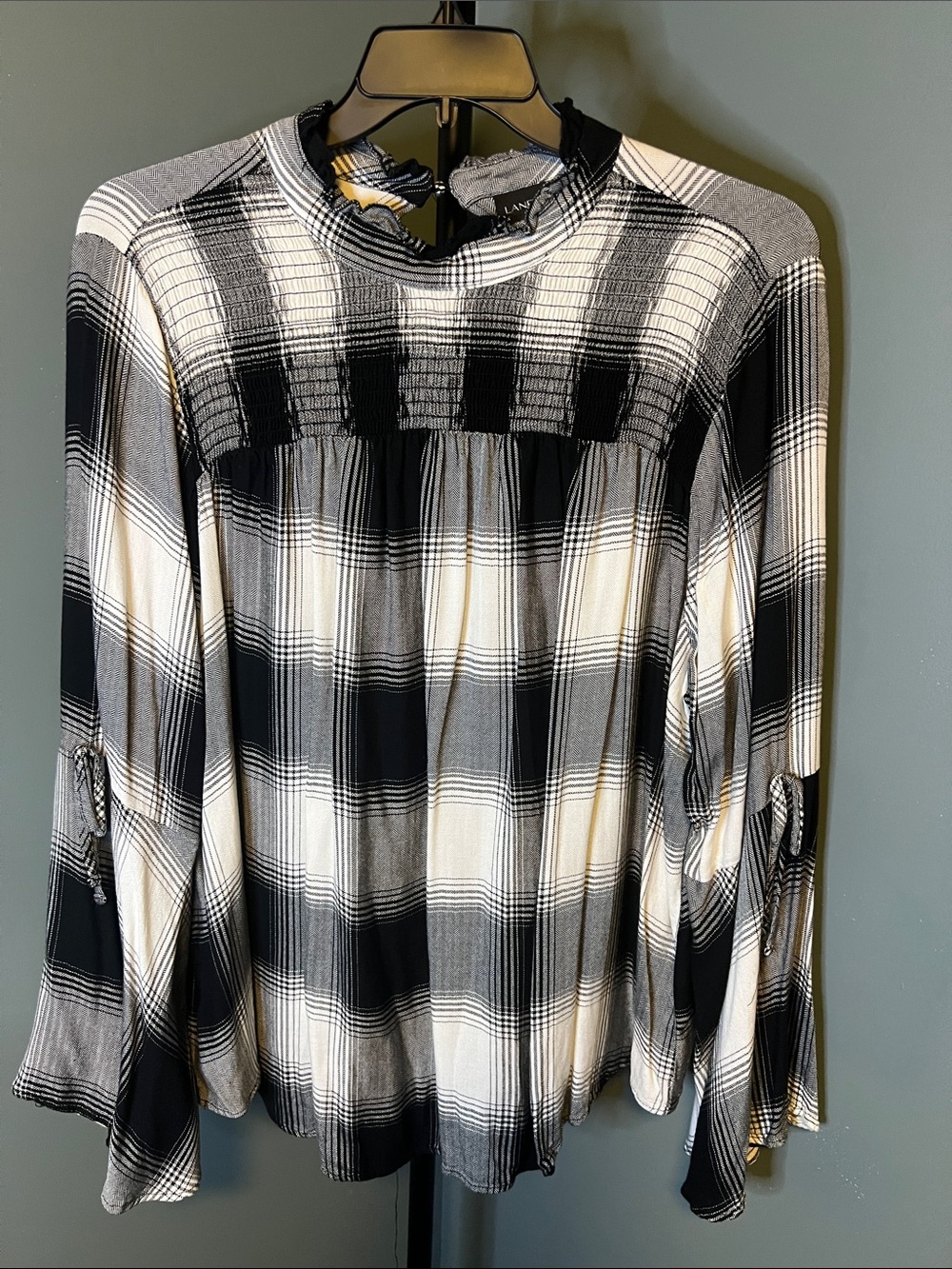 Lane Bryant Black White Plaid Smocked-Yoke Blouse
